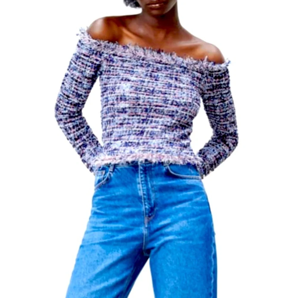 Zara textured pink metallic fibers stretching tweed frayed hem long sleeves top - Picture 3 of 15